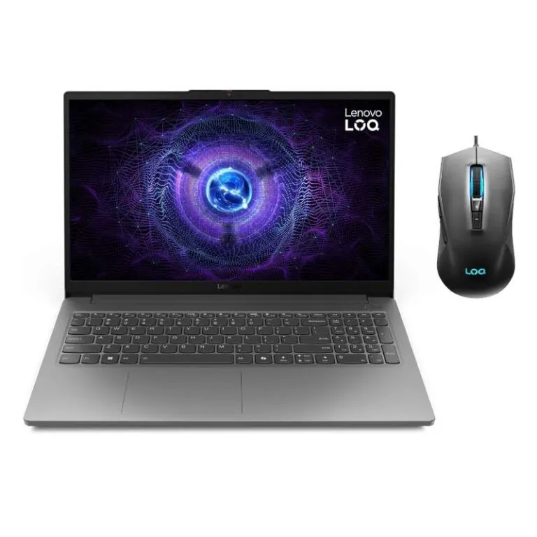 Lenovo LOQ 15IAX9E Essential gaming laptop featuring Intel Core i5-12450HX processor, 16GB DDR5 RAM, 512GB NVMe SSD, GDDR6 graphics memory, model 83LK0062ED